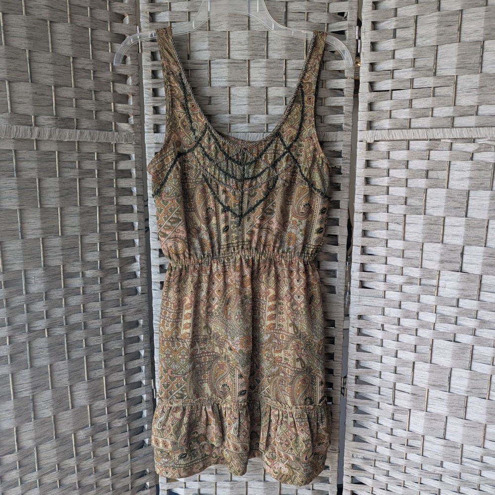Urban Outfitters Ecote Mini Dress Brown Paisley Beaded Ruffle Hem XS Boho